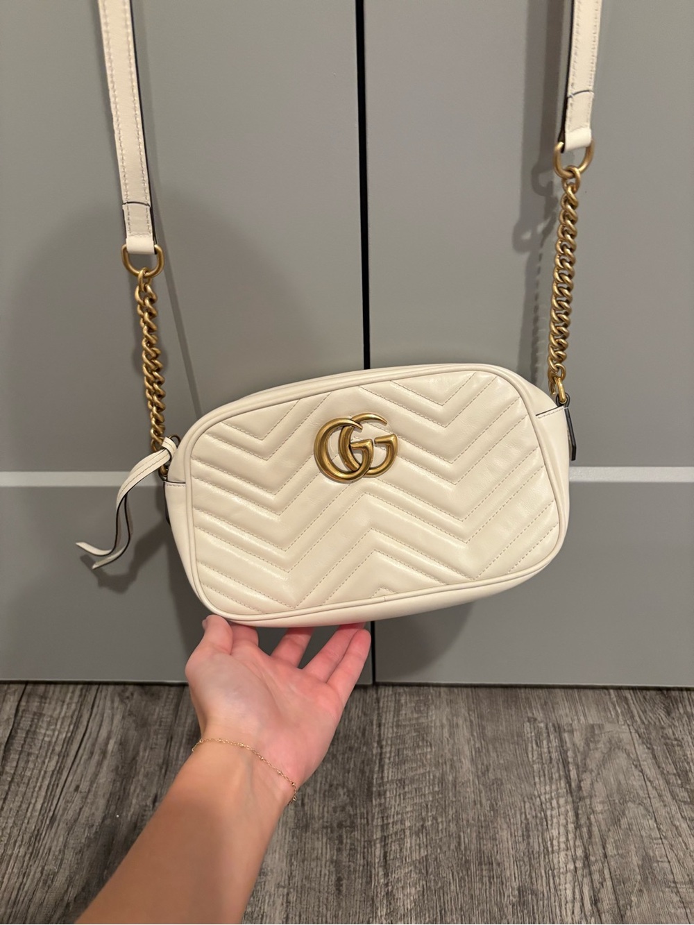 Gucci Cream Quilted Leather GG Marmont Crossbody Bag with Gold Hardware